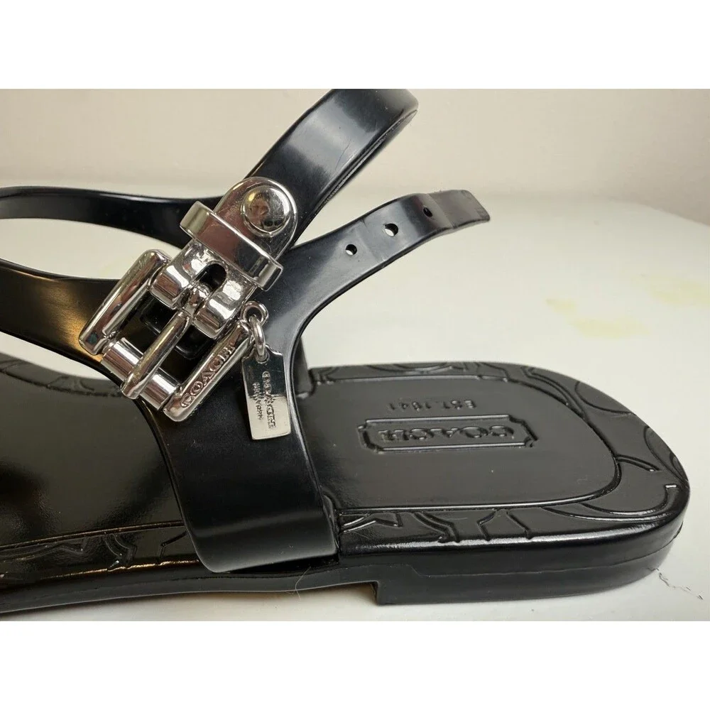 Coach Women’s Black Thong Sandals T-Strap Ankle Strap Buckle Logo US 8B
